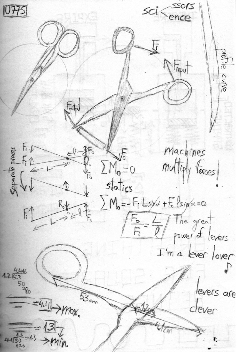 Photo description: Mechanical study of a pair of scissors, with drawings and static equations calculating the ratio between the applied and the output force. There are written sentences like 'machines multiply forces!', 'The great power of levers', 'I'm a lever lover' (from the Sesame Street song sang by Sutton Foster) and 'levers are clever'.