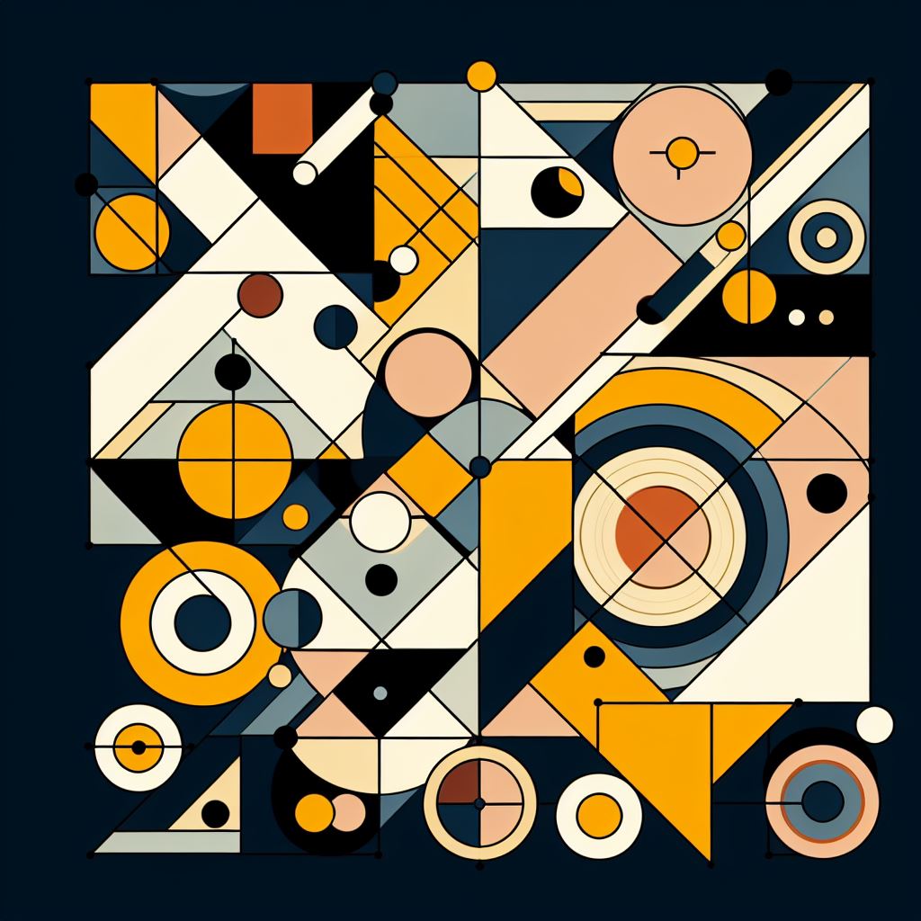 Photo description: Abstract art, with circles, rectangles, triangles at seemingly random positions, with different colours.