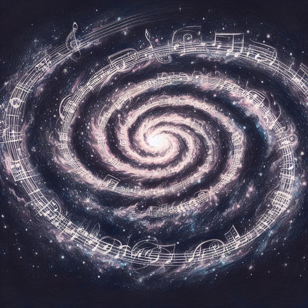 Photo description: Drawing where music scores converge into a luminous galactic centre.