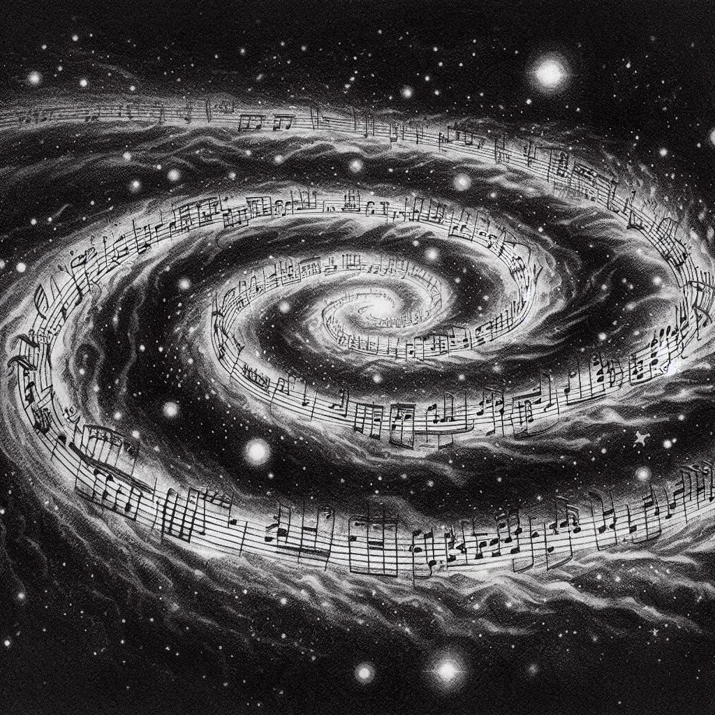Photo description: Drawing where music scores converge into a luminous galactic centre.