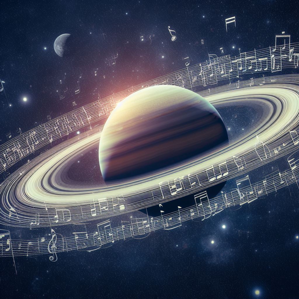 Photo description: Drawing where music scores are the rings of a planet.