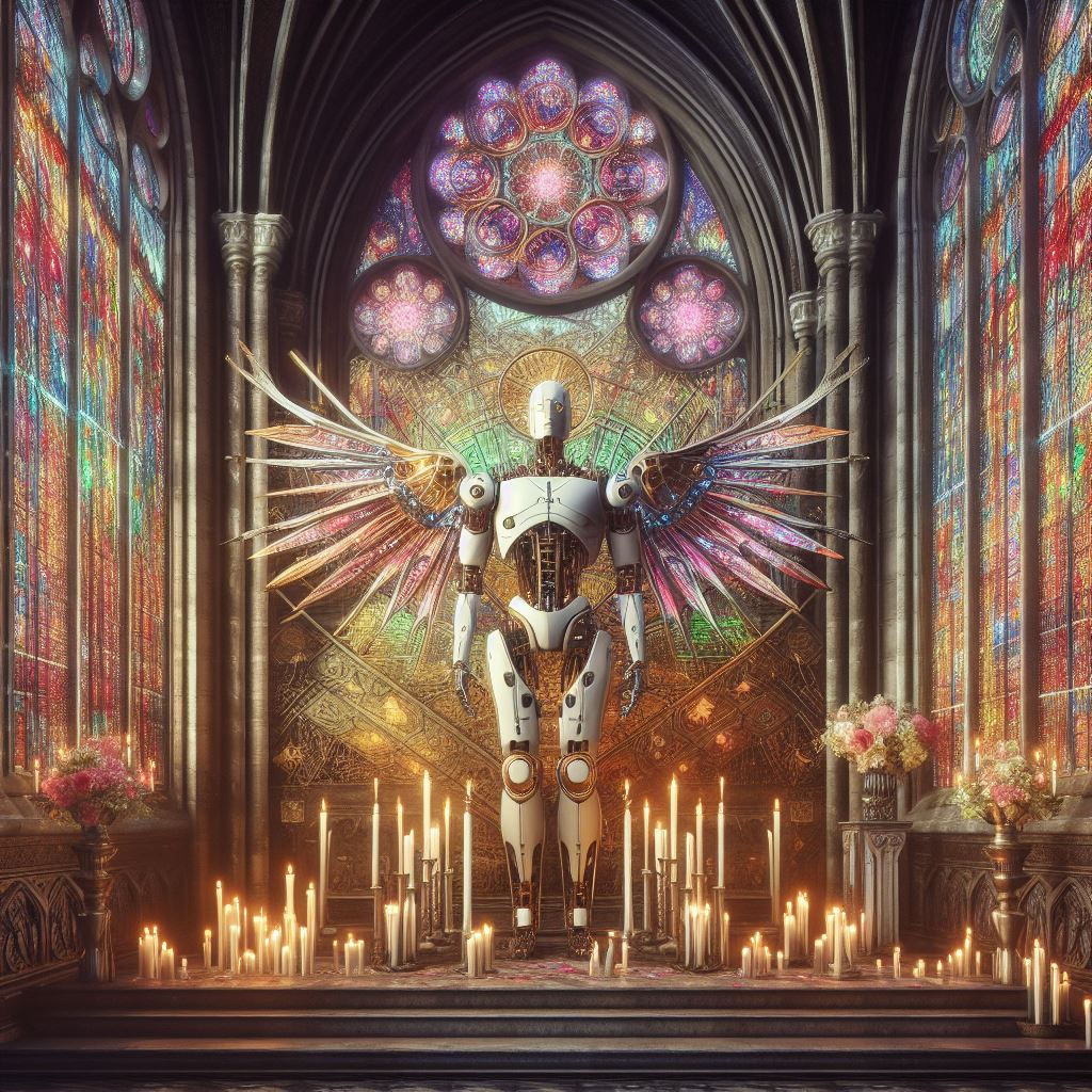 Photo description: Gothic church, with colour-painted glass. A robot with angel wings is there, standing, with its wings open. Around, many burning spelms.