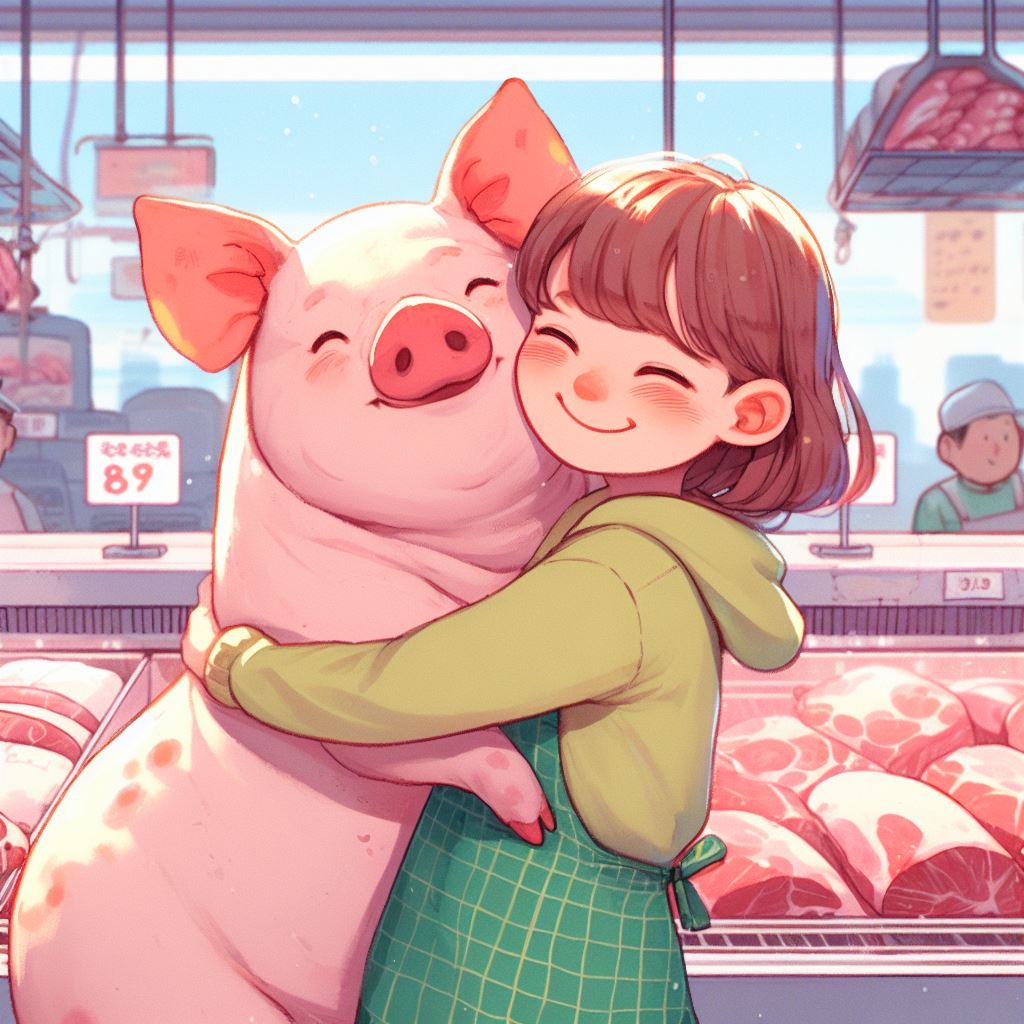 Photo description: A girl and a pig hugging in a meat store.