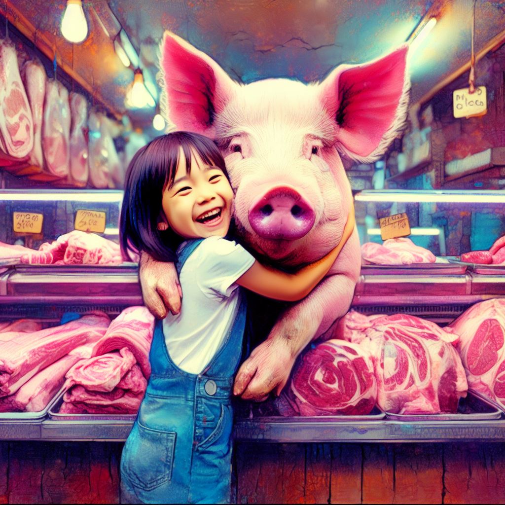 Photo description: A girl and a pig hugging in a meat store.