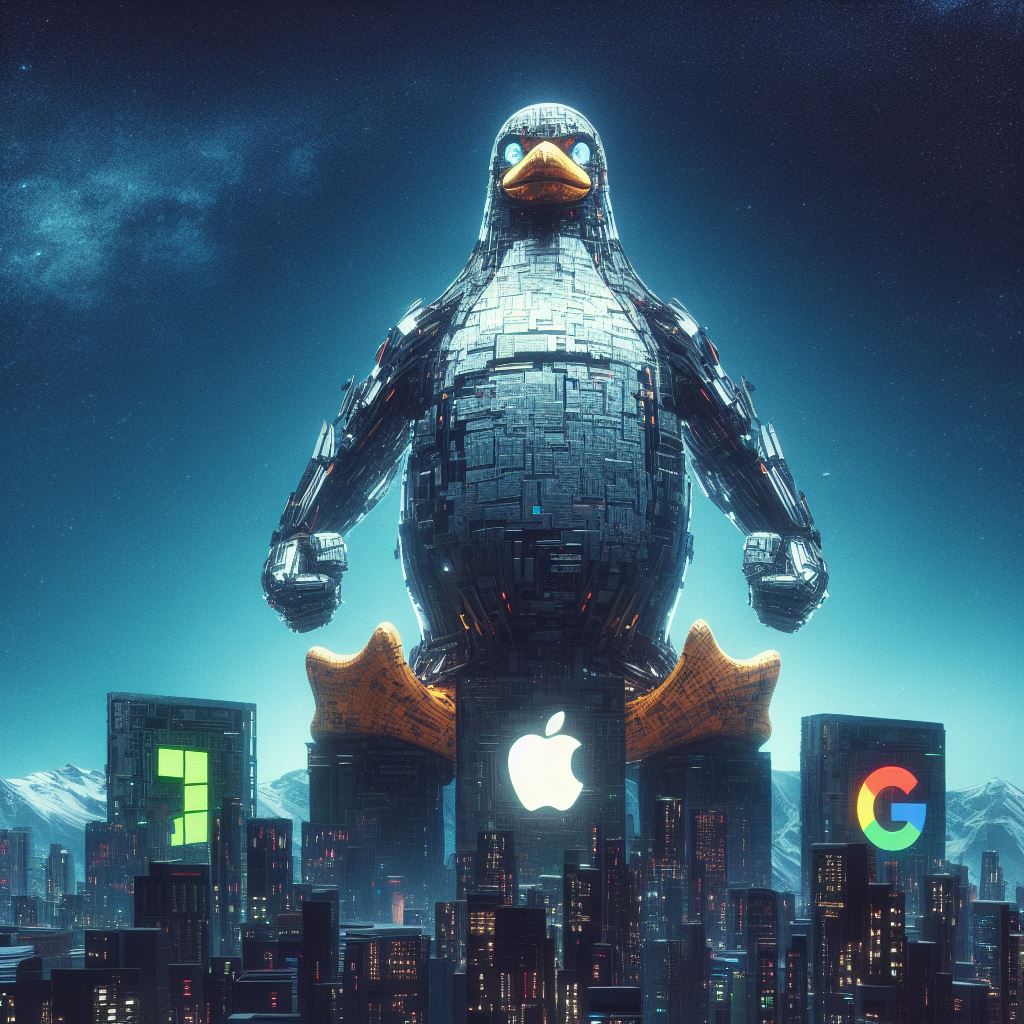 Photo description: A futuristic city, night landscape, with background mountains. There are buldings with Windows, Apple and Google logos. On top of two buildings, a gigantic mechanical robot penguin, Linux-style, stands there, powerfully, with fists clenched.