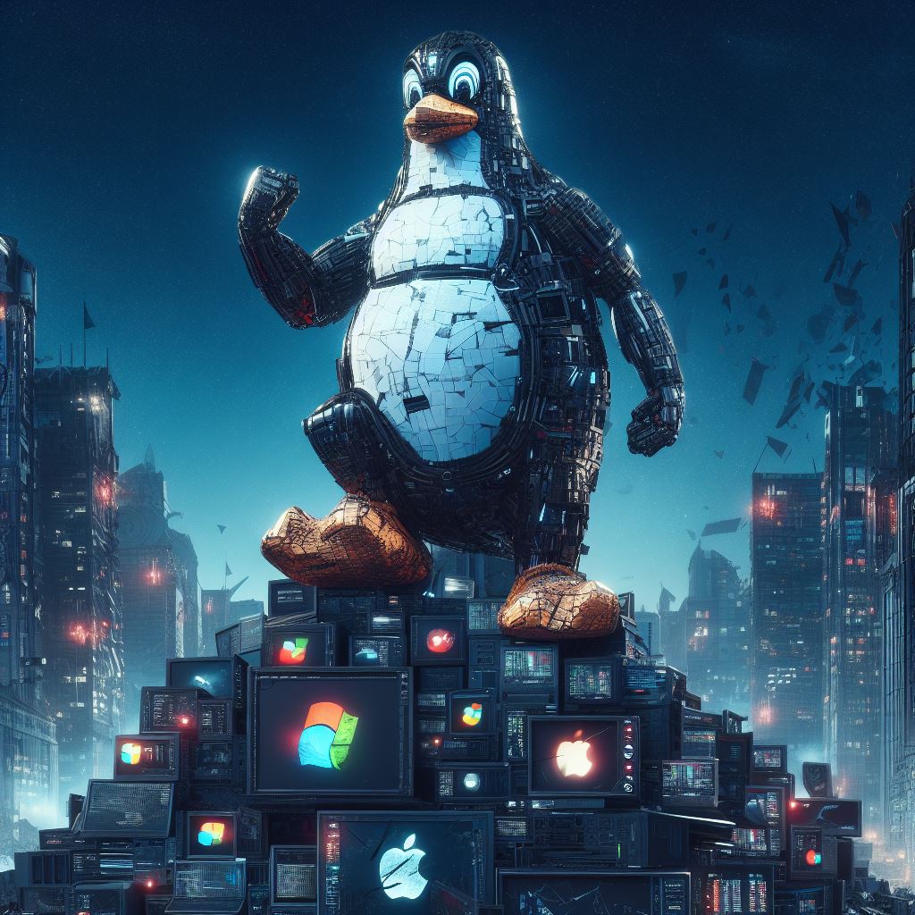 Photo description: A futuristic Linux penguin fighting the corporate shit of Windows, Apple, Google and similar.