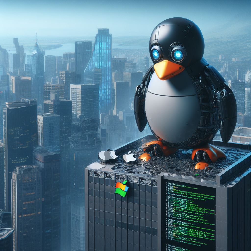 Photo description: A futuristic Linux penguin fighting the corporate shit of Windows, Apple, Google and similar.