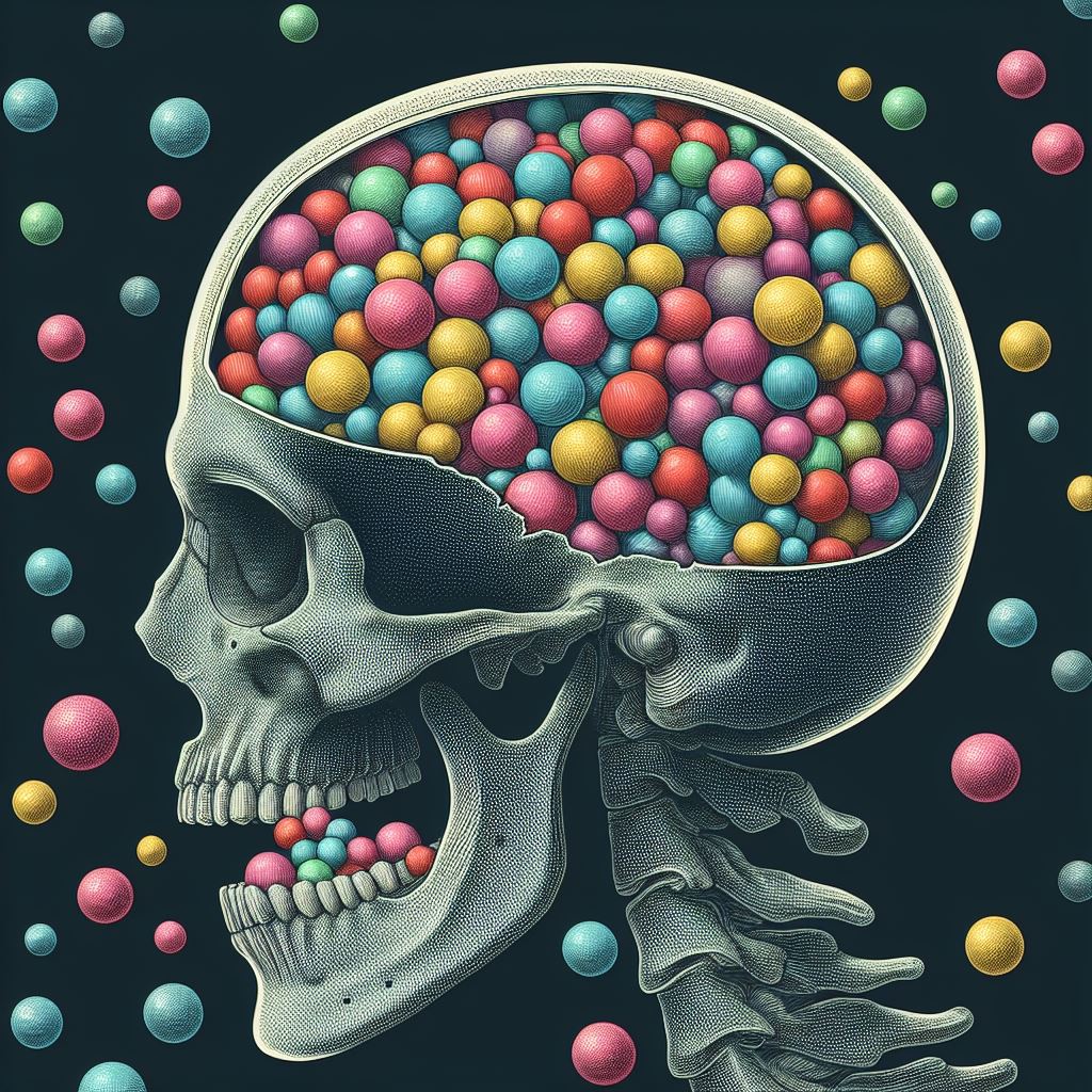 Photo description: An open skull showing its cavity full of coloured balls, as in a ball pool. There are other balls floating in the air. The mouth shows balls being eaten.