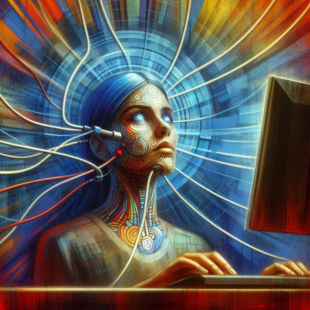 Photo description: A woman's mind connected to a computer. She stares at it, mesmerised.
