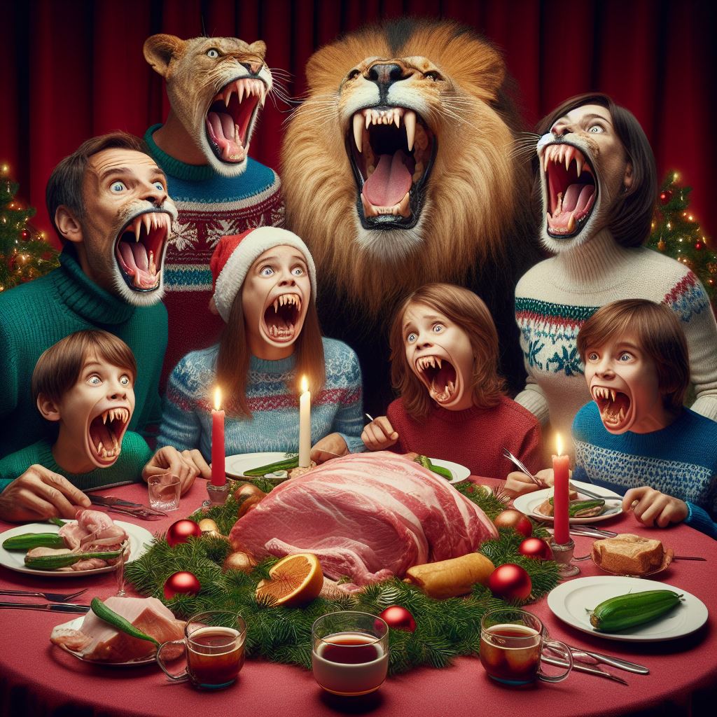 Photo description: A family at Christmas dinner. The table is full of animal products. The teeth of everyone is lion-like. There is even a lion and a lioness there.