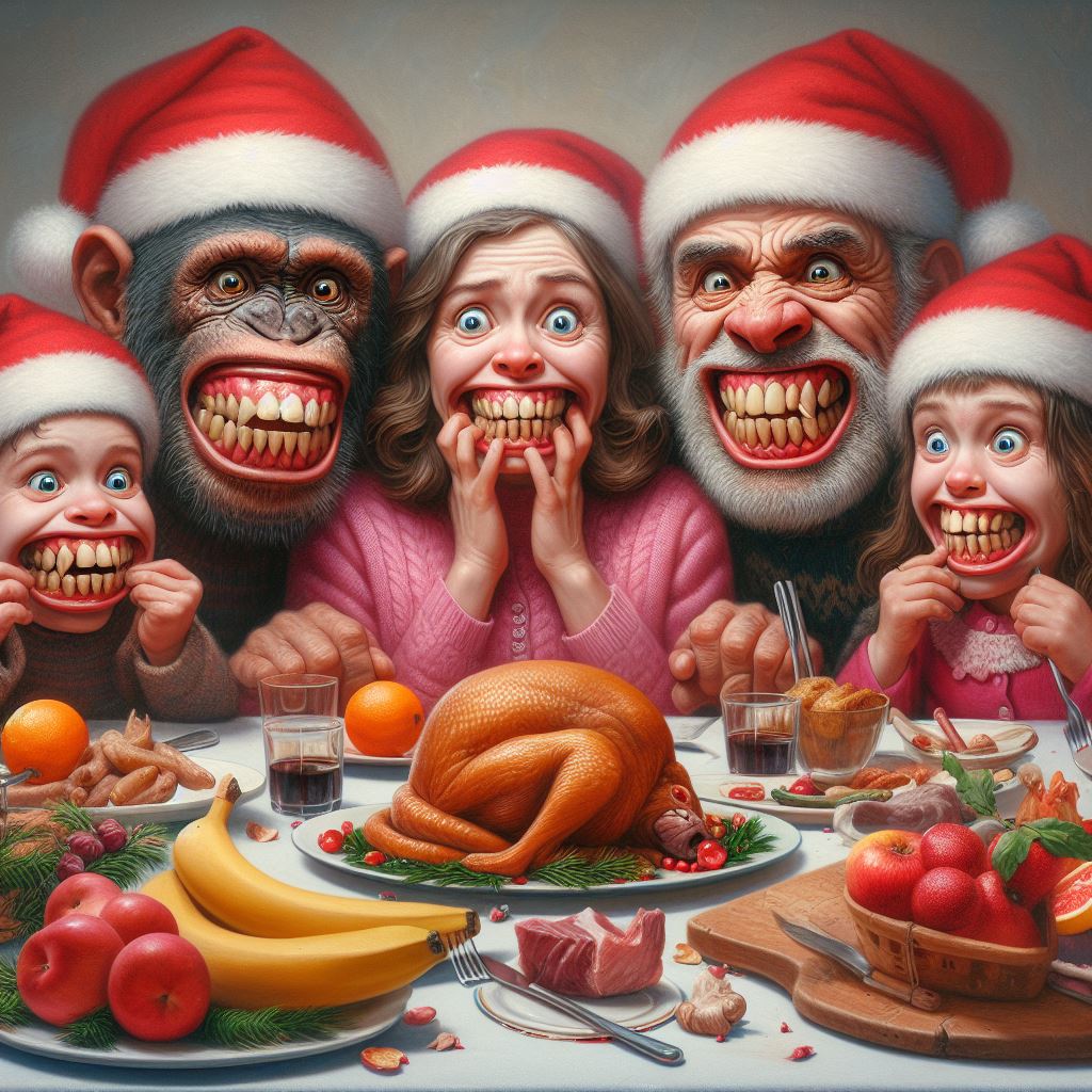 Photo description: A family at Christmas dinner, where people have enormous mouths and teeth and where dead animals are on the plate.