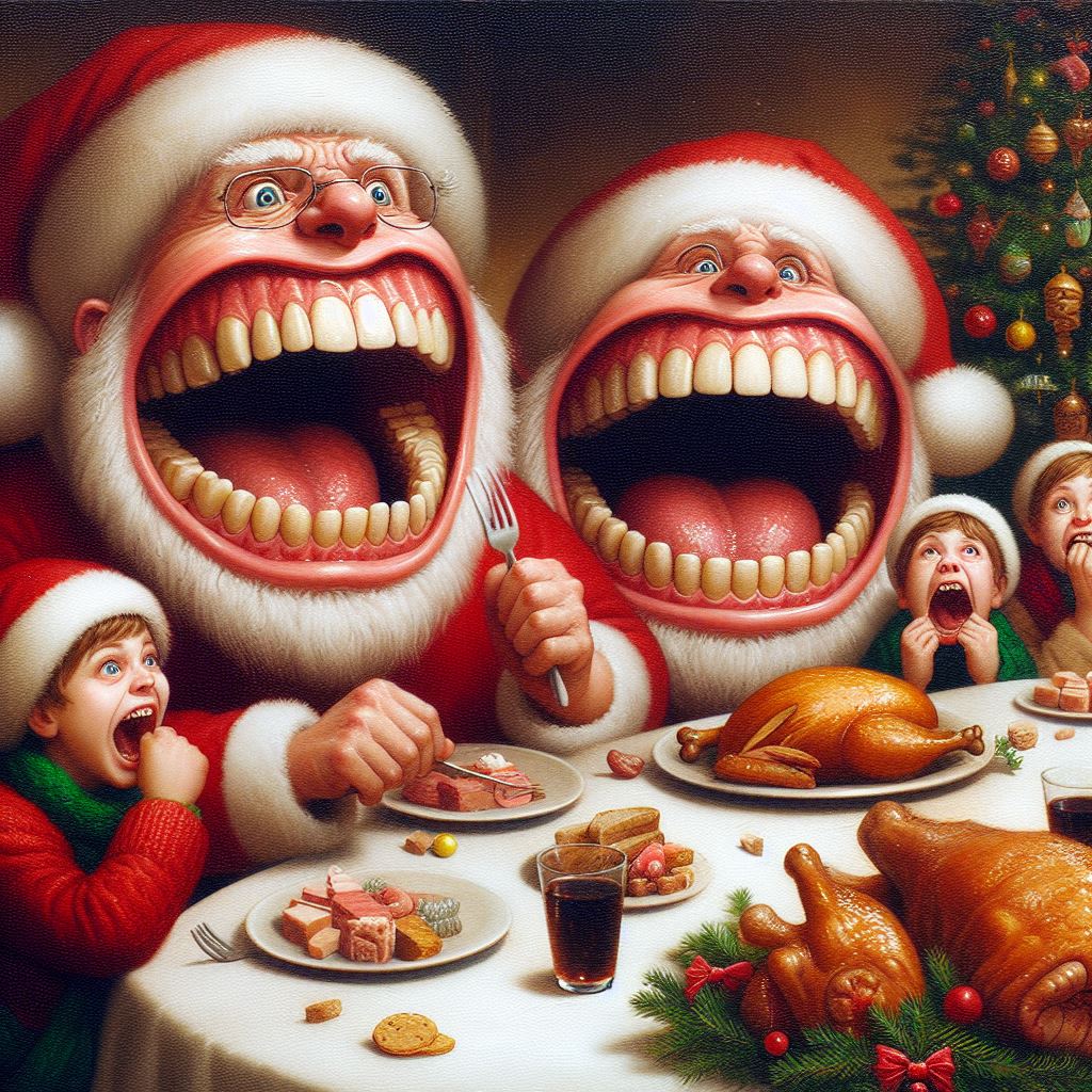 Photo description: A family at Christmas dinner, where people have enormous mouths and teeth and where dead animals are on the plate.