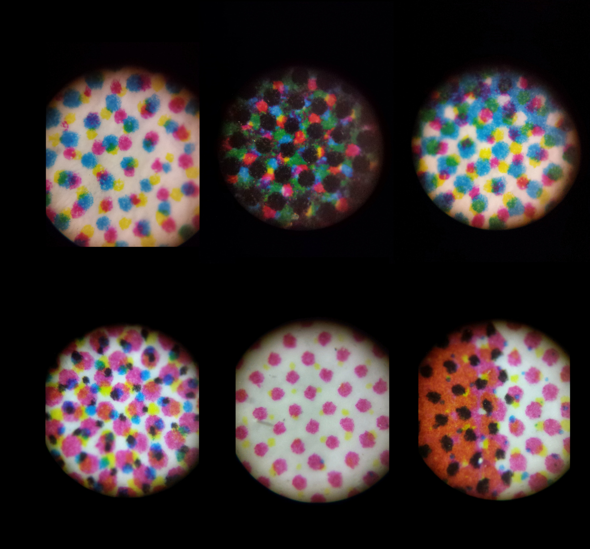 Photo description: Six microscope views of CMYK dot patterns.