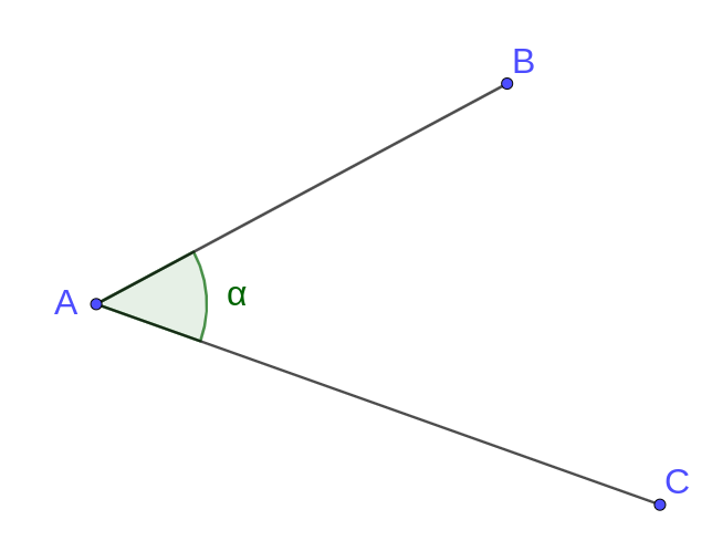 Dos segments amb un punt en comú, que defineixen un angle α.