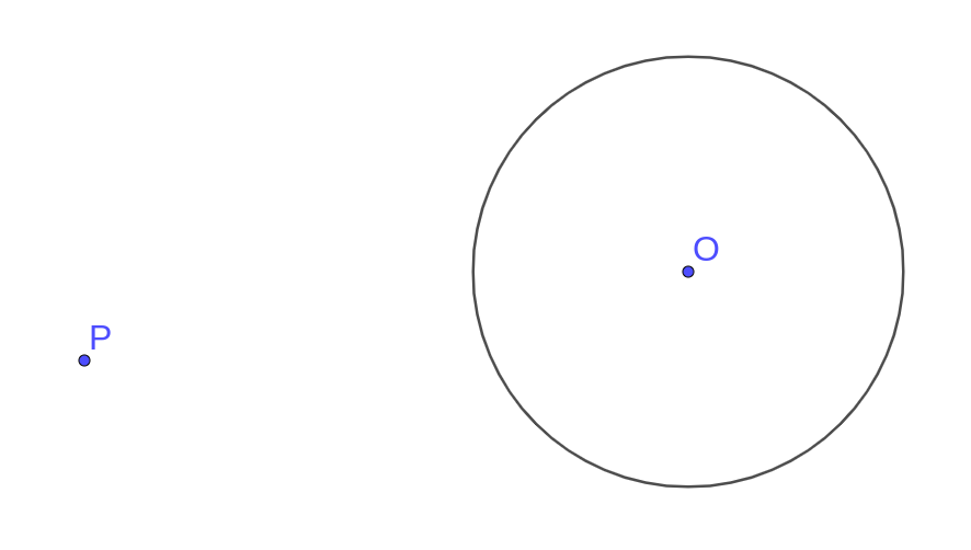 Un punt P i un cercle de centre O. Volem trobar la tangent al cercle que passa per P. P no pertany a la circumferència.